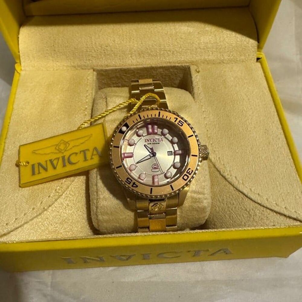 Invicta Women's Pro Diver 300m Quartz 18k Gold Plated Steel Watch 19821 Open Box